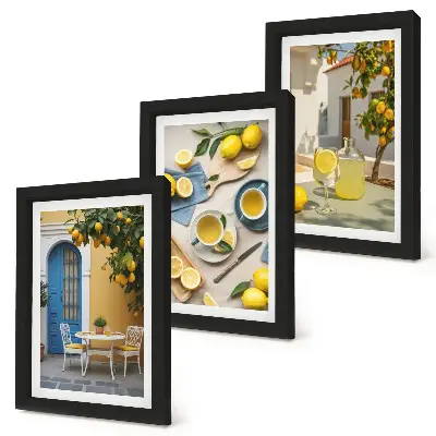 Photo frame wall featuring lemons, lemonade, blue doors, and summer views