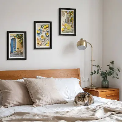 Photo frame wall featuring lemons, lemonade, blue doors, and summer views