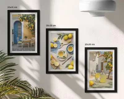 Photo frame wall featuring lemons, lemonade, blue doors, and summer views