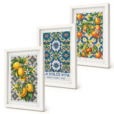 Citrus and colorful abstract patterns triptych poster set framed