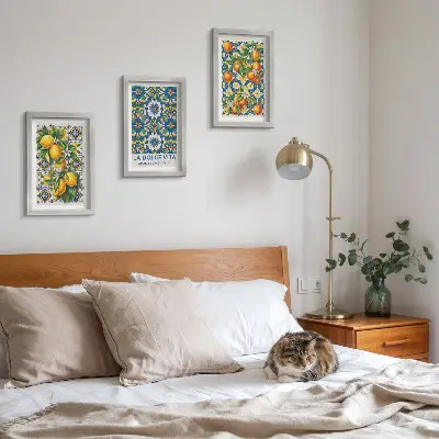 Citrus and colorful abstract patterns triptych poster set framed