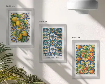 Citrus and colorful abstract patterns triptych poster set framed