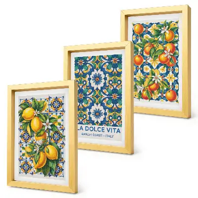 Citrus and colorful abstract patterns triptych poster set framed