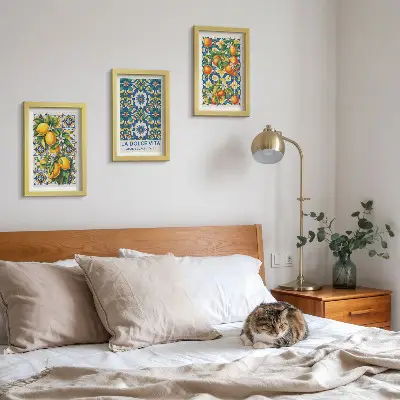 Citrus and colorful abstract patterns triptych poster set framed