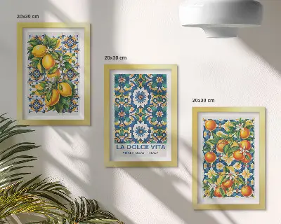 Citrus and colorful abstract patterns triptych poster set framed