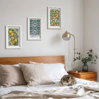 Citrus and colorful abstract patterns triptych poster set framed