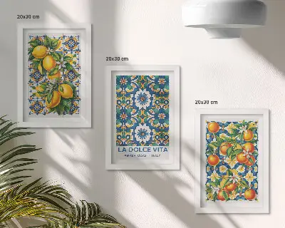 Citrus and colorful abstract patterns triptych poster set framed