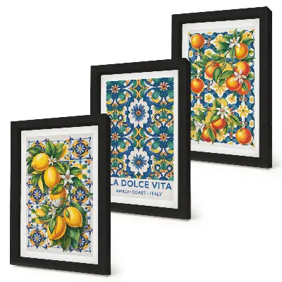 Citrus and colorful abstract patterns triptych poster set framed