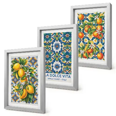 Citrus and colorful abstract patterns triptych poster set framed