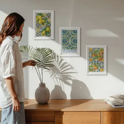 3-piece wall art set featuring lemon blossoms and oranges in an Italian style