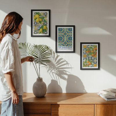 3-piece wall art set Lemon blossoms and oranges in Italian style