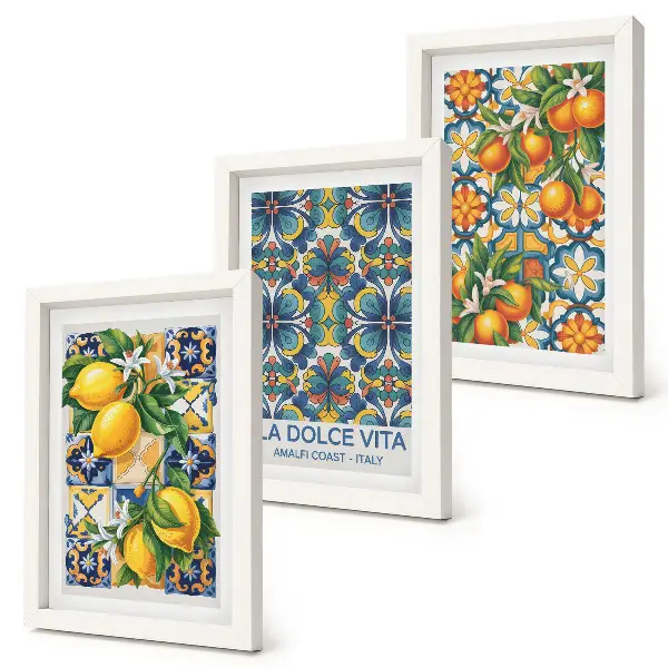 Photo frame wall with lemon and orange blossoms in colorful patterns