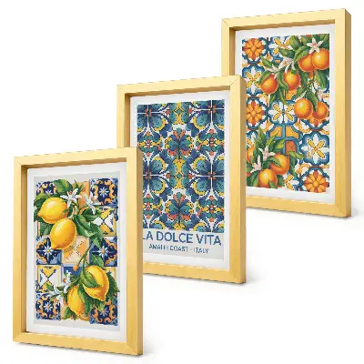 Photo frame wall with lemon and orange blossoms in colorful patterns
