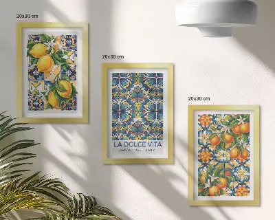 Photo frame wall with lemon and orange blossoms in colorful patterns