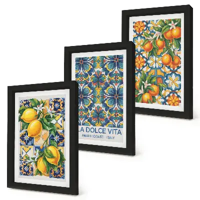 Photo frame wall with lemon and orange blossoms in colorful patterns