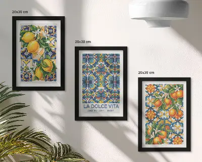 Photo frame wall with lemon and orange blossoms in colorful patterns