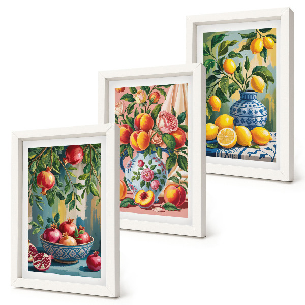 3-piece wall art set Fruit compositions with pomegranates, lemons and peaches
