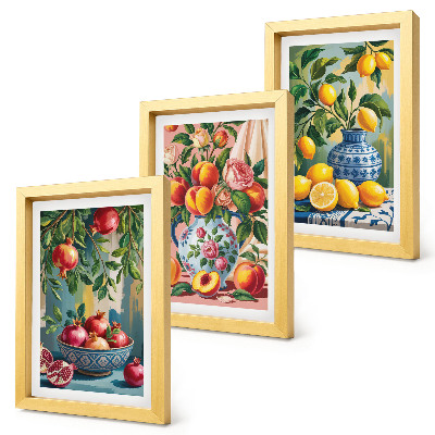 3-piece wall art set Fruit compositions with pomegranates, lemons and peaches