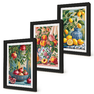 3-piece wall art set Fruit compositions with pomegranates, lemons and peaches