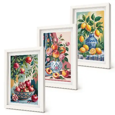 Painted flowers and fruit in vases framed triptych