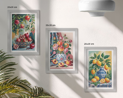 Framed triptych Painted flowers and fruit in vases