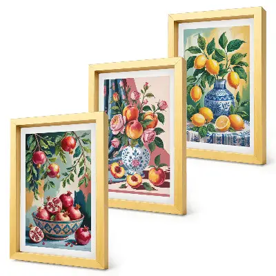 Painted flowers and fruit in vases framed triptych