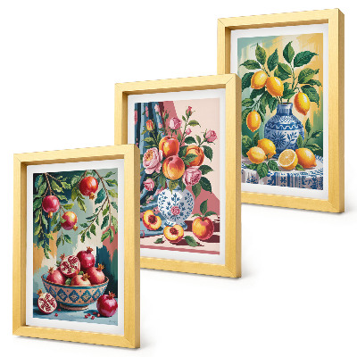 Framed triptych Painted flowers and fruit in vases