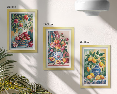 Framed triptych Painted flowers and fruit in vases