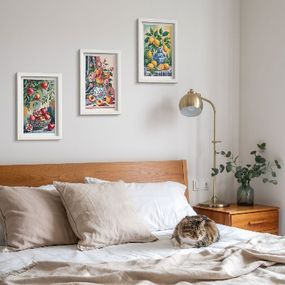Framed triptych Painted flowers and fruit in vases