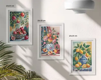 Painted flowers and fruit in vases framed triptych