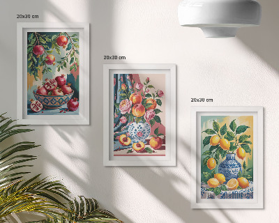 Framed triptych Painted flowers and fruit in vases