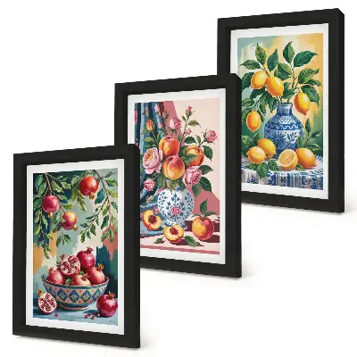 Painted flowers and fruit in vases framed triptych