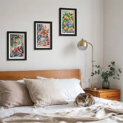 Painted flowers and fruit in vases framed triptych