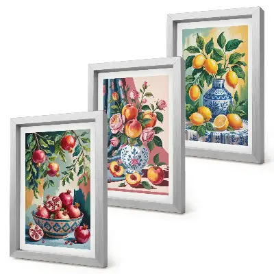 Painted flowers and fruit in vases framed triptych