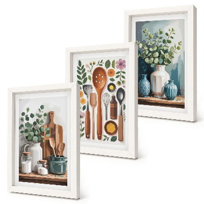 3-piece wall art set Kitchen accessories with plants in a modern style