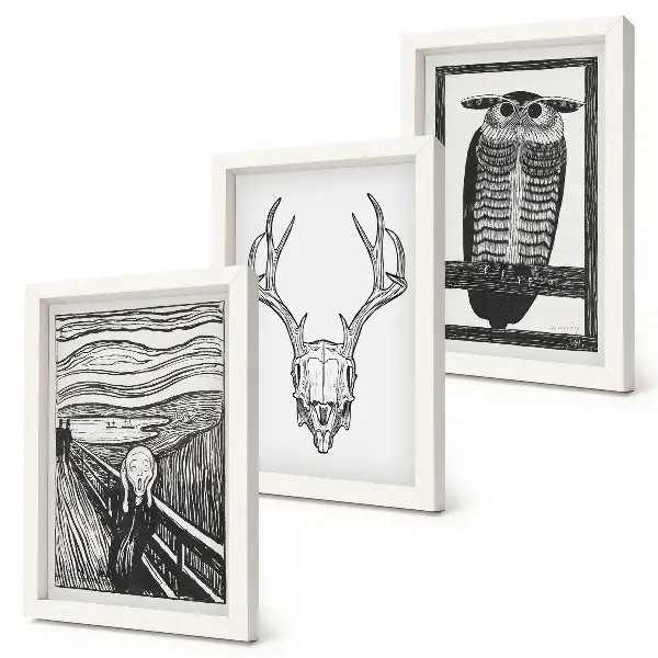 Photo frame wall featuring a graphic Scream-inspired skull and owl illustration
