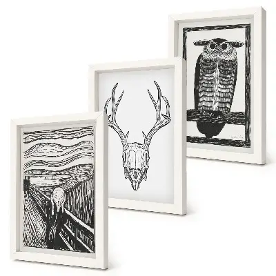 Photo frame wall featuring a graphic Scream-inspired skull and owl illustration
