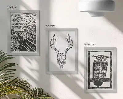 Photo frame wall featuring a graphic Scream-inspired skull and owl illustration