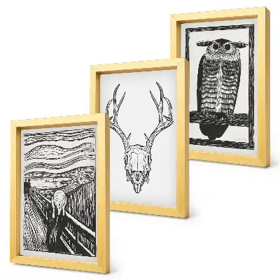 Photo frame wall Inspired by the Scream image with a skull and owl in a graphic style