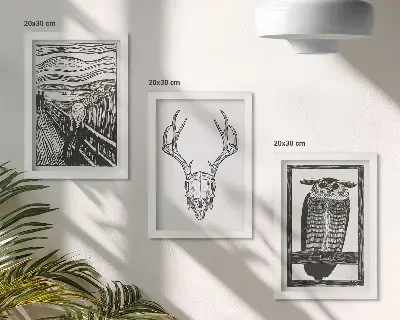 Photo frame wall featuring a graphic Scream-inspired skull and owl illustration