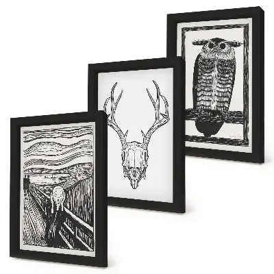 Photo frame wall Inspired by the Scream image with a skull and owl in a graphic style