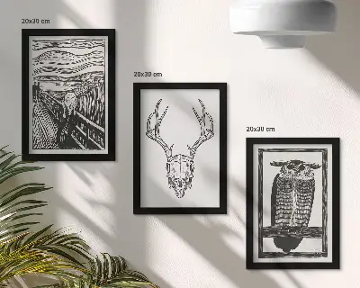 Photo frame wall featuring a graphic Scream-inspired skull and owl illustration