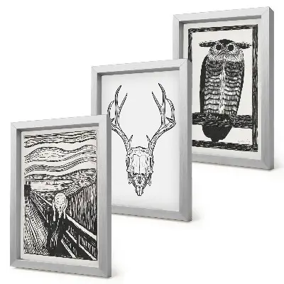 Photo frame wall featuring a graphic Scream-inspired skull and owl illustration