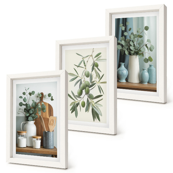 Framed triptych Green olives and eucalyptus branches aesthetic