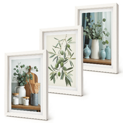 Framed triptych Green olives and eucalyptus branches aesthetic