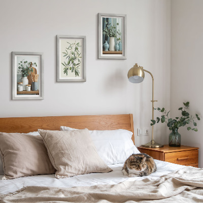 Framed triptych Green olives and eucalyptus branches aesthetic