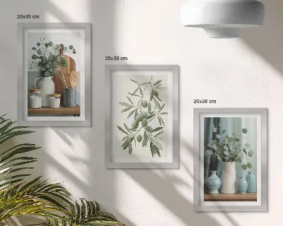 Green olives and eucalyptus branches wall art framed triptych