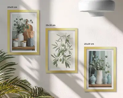 Green olives and eucalyptus branches wall art framed triptych