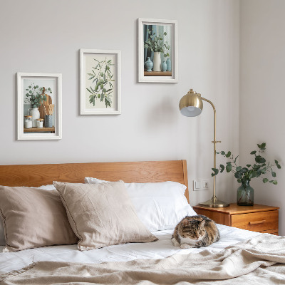 Framed triptych Green olives and eucalyptus branches aesthetic