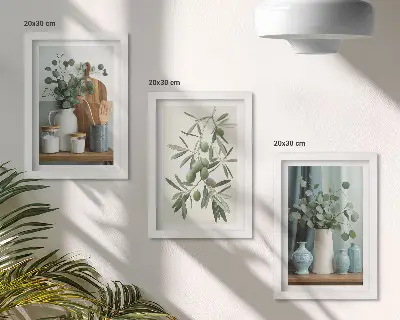 Green olives and eucalyptus branches wall art framed triptych